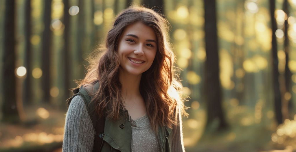 nette junge Frau steht im Wald
