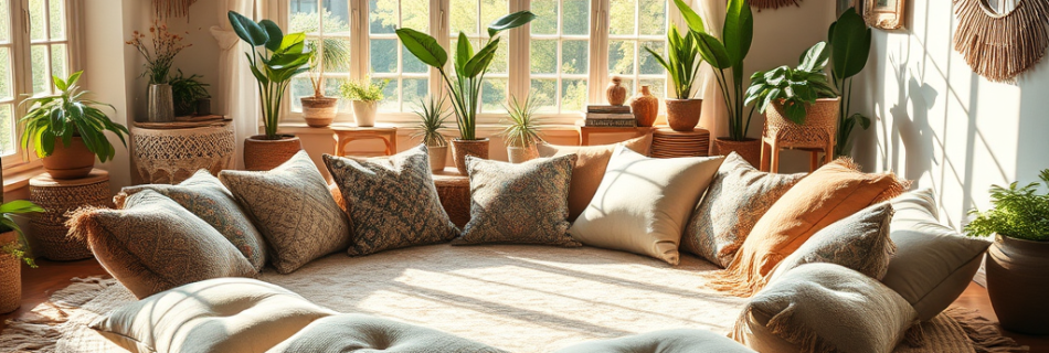 Kissen liegen im Kreis in einem gemütlichen Raum