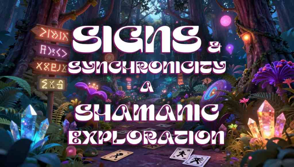 Mystische Waldszene mit leuchtenden Kristallen und Karten für schamanische Klangheilung.